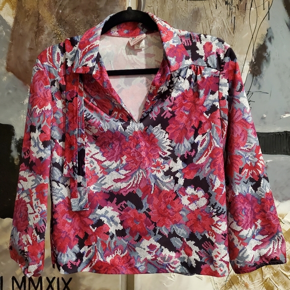 VINTAGE Haband for Her Collared Vneck Floral Print Blouse with Belt - Picture 2 of 11